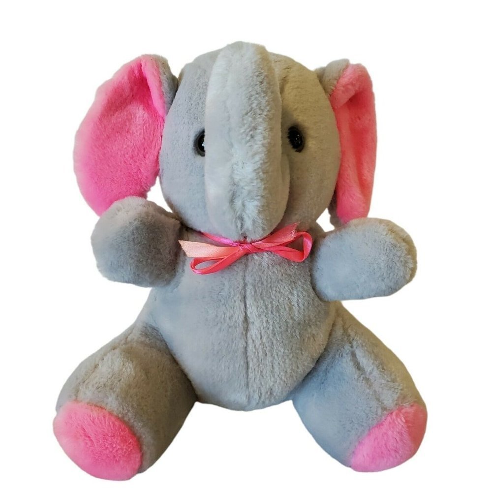 Vintage America‎ Wego 1982 Elephant Plush Stuffed Animal Gray Pink Bow Korea 10"